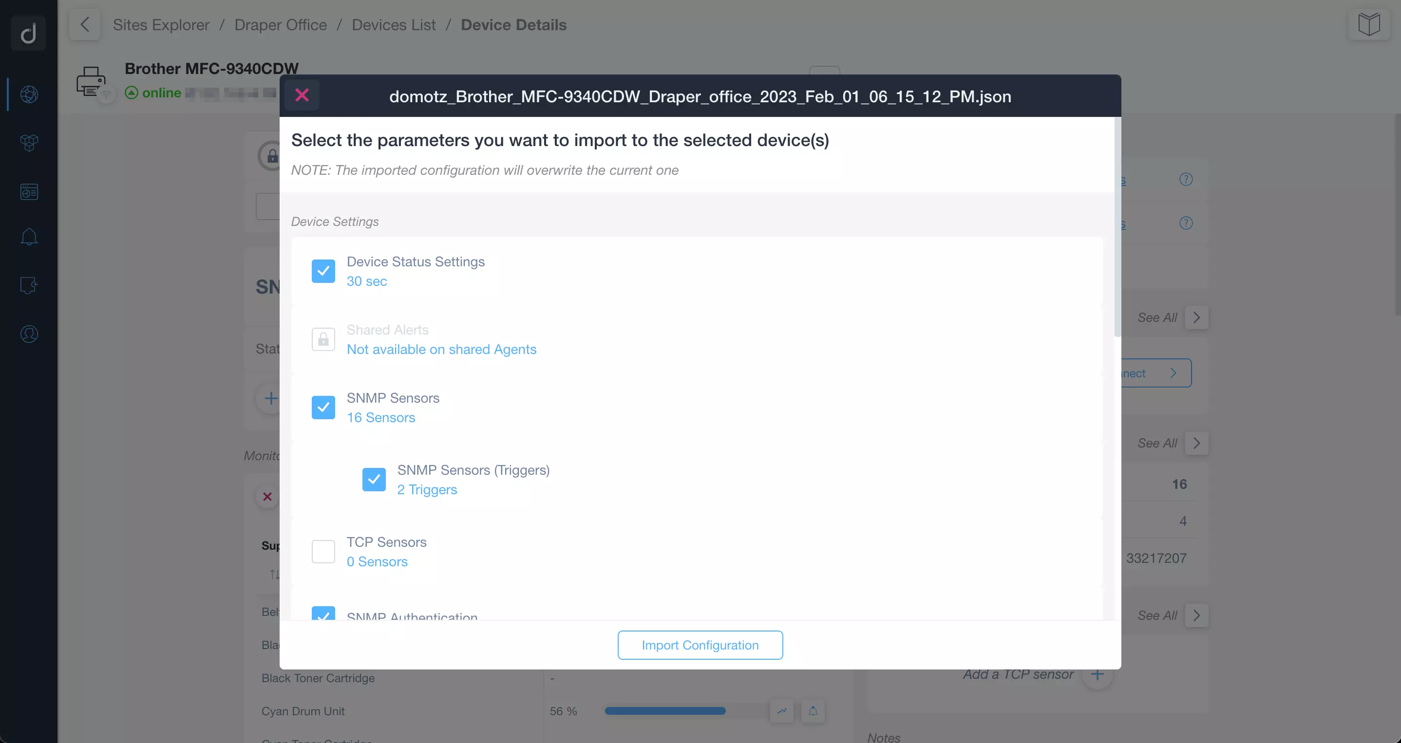 Pre-Configured SNMP Printer Import Modal