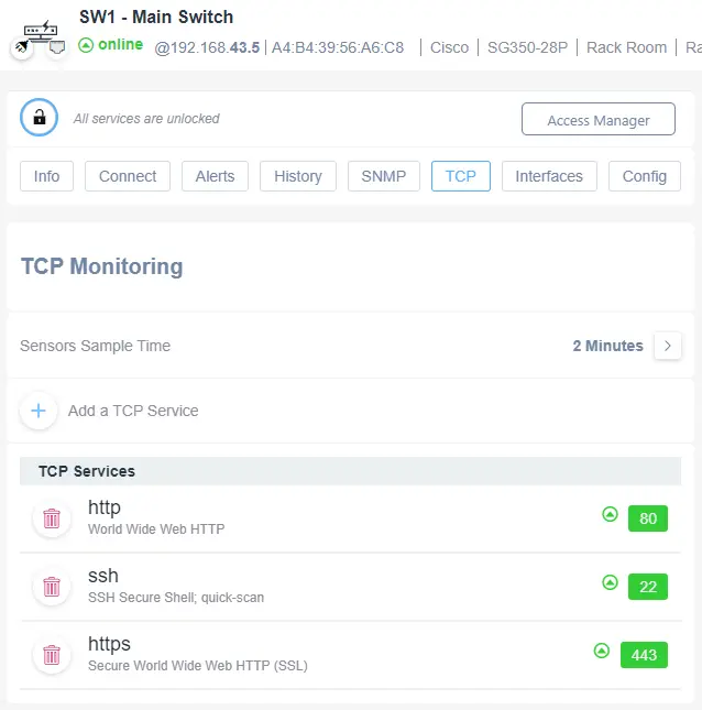 SW1 Main Switch TCP Service Monitoring